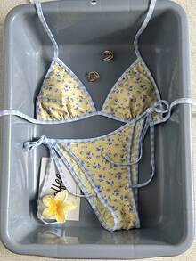 Swim Mod 女士沙滩套装，纹理针织提花面料，小碎花和格子印花，抽绳设计，双面可穿，多种穿搭方式，挂脖比基尼和三角包两件套，时尚休闲度假可爱性感女士泳装 - 彩色 - 查看 4