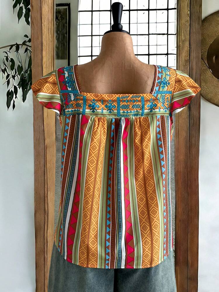 Plus Size Women Geometric Print Loose Ruffled Sleeve Bohemian Style Blouse