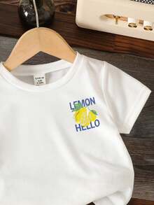 SHEIN Playful Pals Baby Boy White Summer Casual Cute Lemon Print Vacation Holiday Fashion Soft Short Sleeve Top,Toddler Boys Clothing,Spring Summer Outfits,Photography - White - View 4
