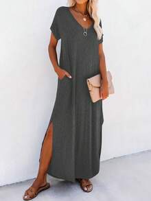 EMERY ROSE Đầm tay ngắn viền tròn màu trơn đơn giản cho nữ, mùa hè - Xám - Xem 6