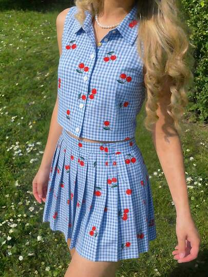 2pcs/Set Blue Plaid Cherry Print Sleeveless Shirt Paired With Plaid Pleated Skirt, Suitable For Spring/Summer Outings, Vacation, And Daily Wear Girls Cherry Dress Girl Skirt Blue Sets Gingham Two Piece Set Girls Blue Summer Skirt And Shirt Cherry Print Outfit Girls