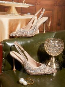 CUCCOO TILAWA 香槟色女鞋，新款尖头细高跟后跟提拉，饰以时尚华丽的水钻，性感宴会派对夜店女式高跟鞋，露跟女鞋 - 香檳色 - 查看 1