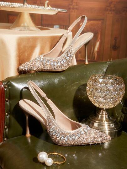 CUCCOO TILAWA Women Shoes Champagne New Pointed Stiletto Back Lift With Fashionable Gorgeous Rhinestone Sexy Banquet Party Nightclub Women's High Heel Shoes Slingback Shoes Women's Shoes