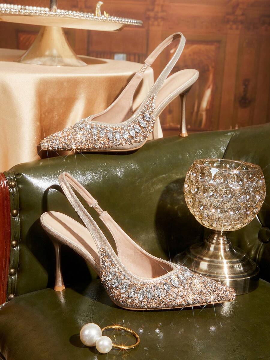 CUCCOO TILAWA 香槟色女鞋，新款尖头细高跟后跟提拉，饰以时尚华丽的水钻，性感宴会派对夜店女式高跟鞋，露跟女鞋 - 香檳色 - 查看 1