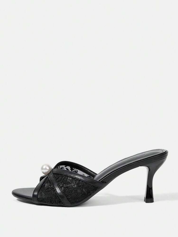 CUCCOO HITCHD Women's Spring And Summer New Round Toe Stiletto Black Lace Mesh Pearl High Heel Sandals Slippers Fashionable And Comfortable Versatile Sexy Party Banquet Women's Sandals Wedding Shoes Women's Shoes