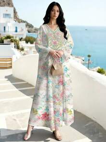 SHEIN Najma Vestido Longo Decote em V de Manga Longa com Estampa Floral e Botânica, Vestido com Padrão Floral Elegante Adequado para Praia, Férias e Uso Diário, Primavera/Verão - Multicolorido - Visão 4