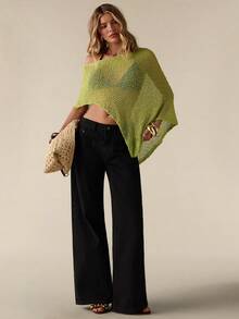 SHEIN BAE Women's Loose Knit Olive Green Shawl Top, Asymmetric Hem Solid Sweater, Summer Street Wear City Break Chic, Suitable For Beach Vacation Party Dates - Green - View 4