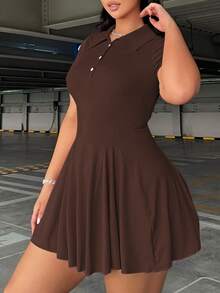 Flirla Plus Size Solid Color Pleated Minimalist Casual Collared Short Sleeve Dress - Brown - View 3