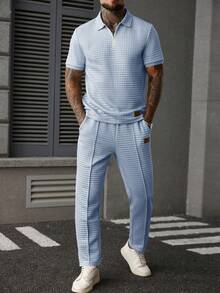 Manfinity Homme 男士纹理短袖 Polo 衫和短裤套装，夏季 - 淺藍色 - 查看 6