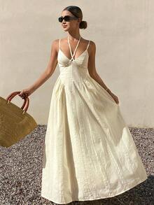 Livesso Beach Party Holiday Outfit Easter Vacation Summer V-Neck Waist Cinched Mid-Length Dress For Women Sundress - Beige - View 6