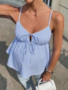 SHEIN Maternity Striped Front Tie Casual Camisole - Blue - View 3