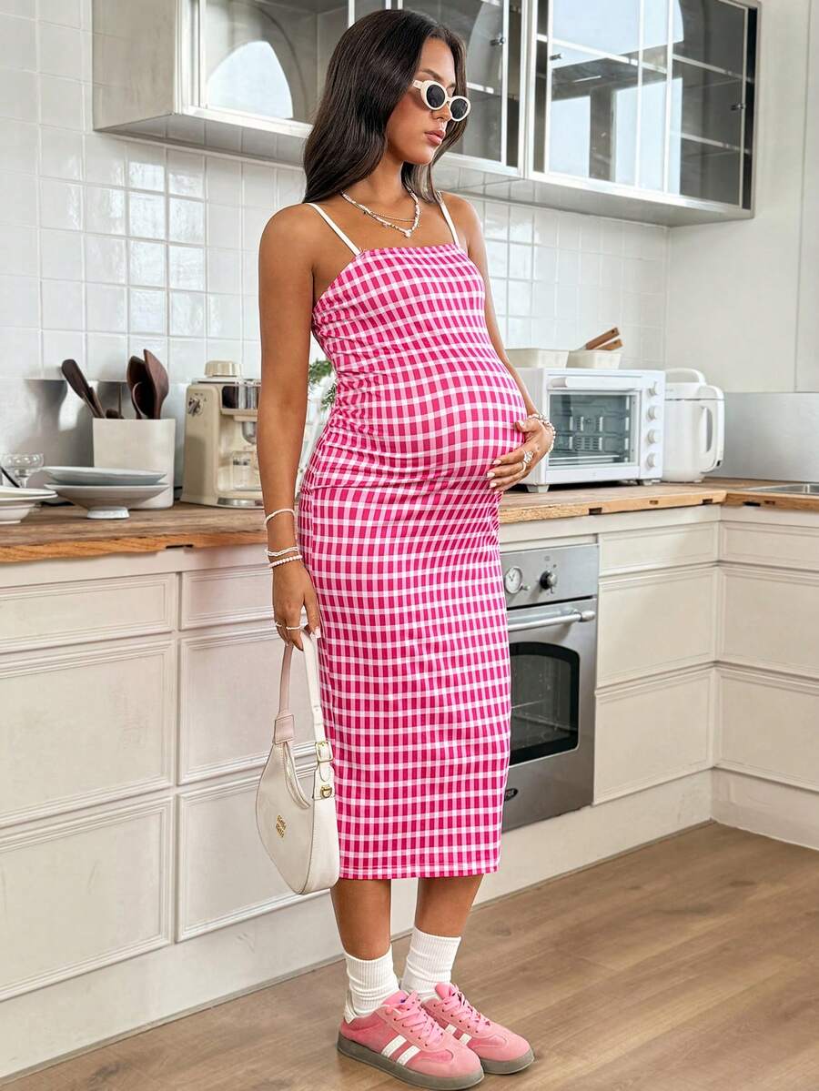 SHEIN 夏季孕妇休闲格子吊带连衣裙 - 粉色 - 查看 1
