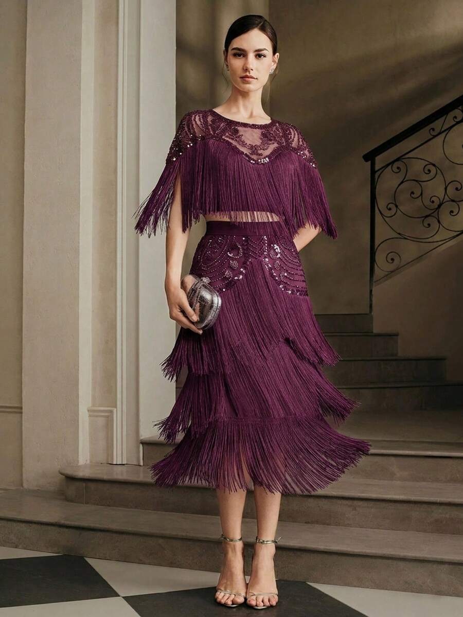 Women's Fashion New Arrival High-End Party & Evening Elegant Beaded Patchwork Tassel Suit - Purple - View 1
