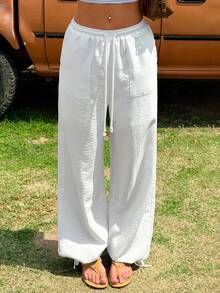 Muchica 女士休闲白色梭织抽绳宽松裤 - 白色 - 查看 4