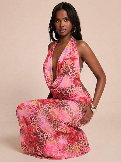 SHEIN BAE Vestido de playa de unicolor/floral/estampado de leopardo, vestido maxi sin espalda, vestido elegante y sexy, vestido para cita, vestido de cumpleaños, vestido elegante estampado, vestido de vacaciones en la playa, vestido maxi de verano con estampado de leopardo, vestido de festival de música con cuello halter y sin espalda, vestido sexy de malla para cita nocturna