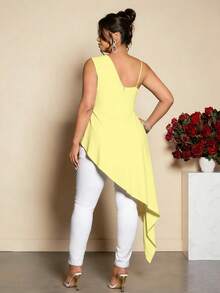 Cravure Plus Size Women's Spaghetti Strap V-Neck Ruched Asymmetric Hem Elegant Blouse - Yellow - View 2