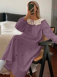 DAZY Ditsy Floral Ruffle Collar Lantern Sleeve Loose Long Women Nightgown - Dusty Purple - View 4