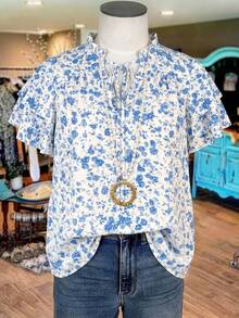 Linhara Blusa casual de mujer talla grande con cuello en V, lazo, volantes y manga corta con estampado floral, adecuada para volver al colegio, fiestas, Navidad, Día de la Madre, festivales de música, primavera/verano - Azul - Ver 6