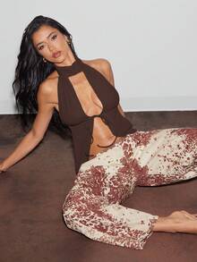 Denimoi Áo hở lưng gợi cảm cổ cao bằng lưới, kiểu yếm, thích hợp cho mùa xuân và hè, trang phục đi nghỉ mát cho nữ, trang phục mùa hè cho nữ, thời trang, trang phục đi club, áo sexy. - Cà phê nâu - Xem 5