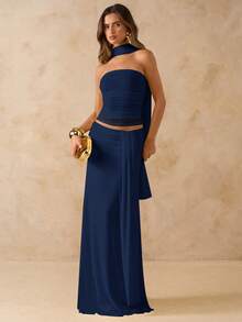 SHEIN BAE 两件套：纯粉色褶皱抹胸上衣和低腰褶皱飘逸长裙，沙滩度假装，夏季波西米亚风露背连衣裙，女士演唱会服装，伴娘两件套 - 藏蓝色 - 查看 4