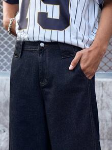 EVRINFINITE 男士复古宽松阔腿牛仔裤，先锋休闲街头服饰 - 时尚宽松工装裤 - 黑色 - 查看 5