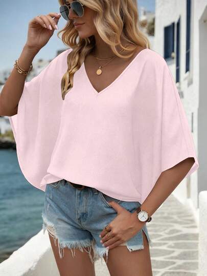 EMERY ROSE Simple Solid Color Batwing Sleeve Casual Vacation Shirt