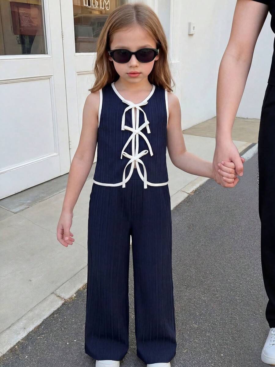 SHEIN 2pcs/Set Young Girl Solid Color Knit Sleeveless Top And Mini Skirt Retro Outfit For Kids Summer Outfits Girls Clothes Jump Suit - Royal Blue - View 1