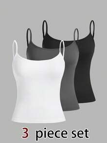 SHEIN Tall 三件套休闲吊带背心套装，百搭修身女式背心，适合夏季穿着 - 白色 - 查看 9