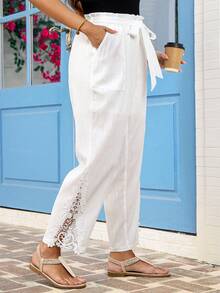 SHEIN Clasi Quần ống đứng cạp chun kiểu túi giấy, thích hợp cho nữ công sở. - trắng - Xem 1