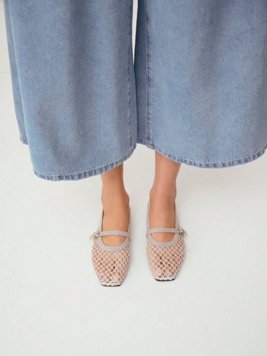 Nöista Silver Woven Mary Jane Exquisite Mesh Design Adjustable Buckle Comfortable Fashion Casual Suitable For Spring Activities Summer Comfortable Breathable Flat Shoes - Silver - View 1