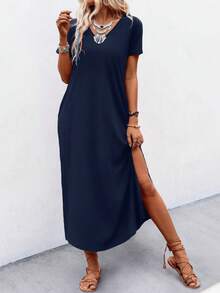 EMERY ROSE Women's Casual Solid Color Curved Hem Short Sleeve Mini Dress, Summer - Navy Blue - View 7