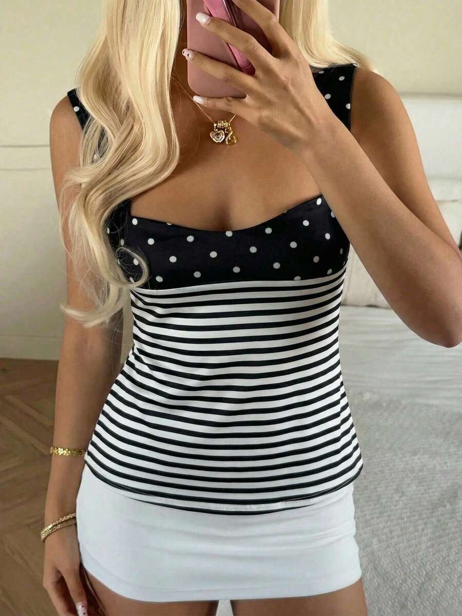 CovetEZ Áo hai dây hở lưng thắt nơ bằng satin bóng màu đen trắng chấm bi phối sọc tương phản, kiểu dáng mới năm 2026, thích hợp cho đi làm hàng ngày, hẹn hò, tụ họp, mùa thu/đông/hè, Giáng sinh, Năm mới, Lễ Tạ ơn, tiệc tùng, đám cưới, đi biển, lễ tốt nghiệp, thời trang, thanh lịch, thường ngày, đi chơi, hẹn hò, đặt chỗ, đi làm, bóng bẩy, Ngày lễ tình nhân, sang trọng, kỳ nghỉ, thường ngày, Y2K, đi chơi, lễ tốt nghiệp - Nhiều màu - Xem 1