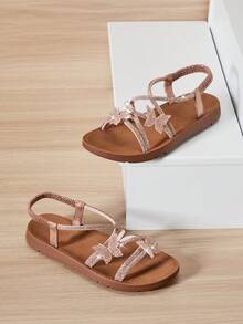 Mini mi #ButterflyBloom Girls' Rhinestone Butterfly Elastic Back Strap Rose Gold Multi-Strap Sandals – Glittering Elegance, Easy To Wear & Comfy Fit. - Rose Gold - View 6