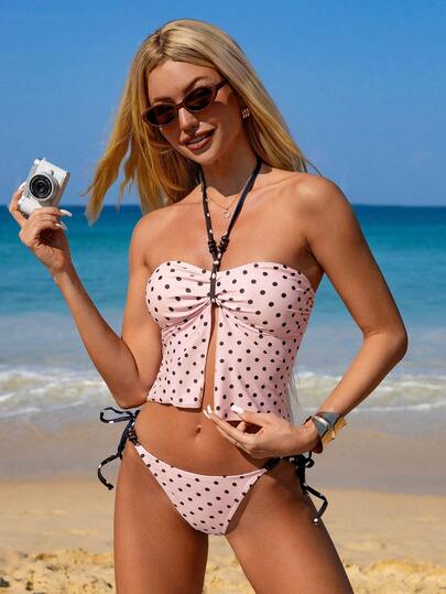 Swim Mod Sweet Pink Polka Dot Tankini Swimsuit Set, Suitable For Vacation, Photo Shoot, Hot Spring, Swimming, Cute Sweetheart