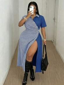 Maweii Camisa casual de mujer de talla grande a rayas azules y blancas de manga corta con parches en la cintura - Azul - Ver 3