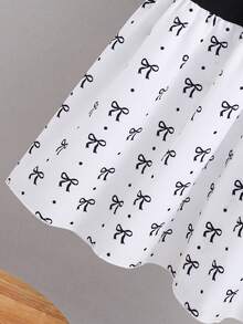 SHEIN Cute Black And White Summer Dress For Tween Girl,Back-To-School School Wear,Short-Sleeve Loose Fit With 3D Ruffled Bow And Mini Bow Print Ruffled Hem - Black - View 3