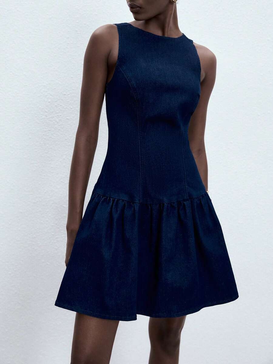 ATUI Studio Đầm denim không tay kiểu dáng thường ngày dành cho nữ, thích hợp cho mùa hè. - Màu xanh hải quân - Xem 1