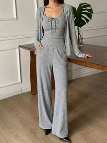 DAZY Women Fashionable Gray Ribbed Knit Lounge Set Three Pieces With Cardigan Camisole And Wide Leg Pants - Grey - View 2