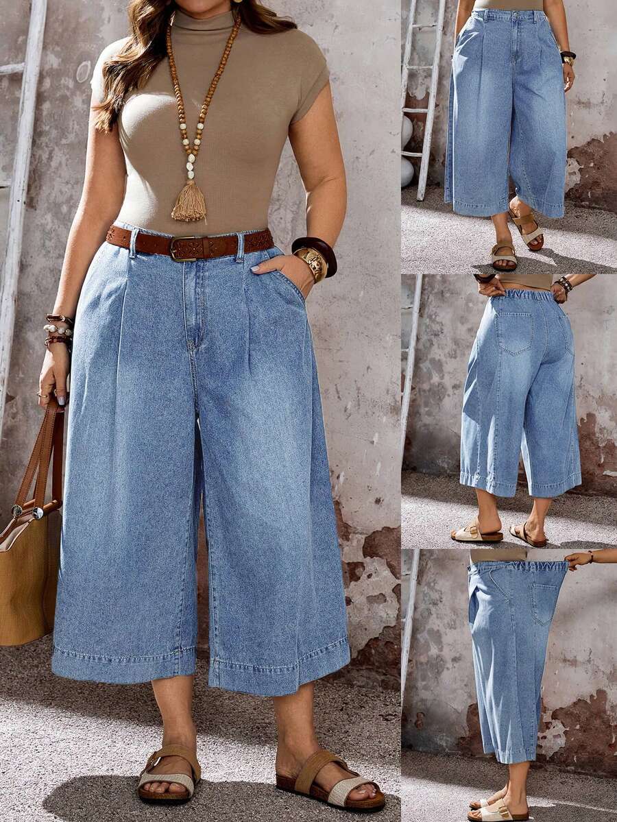EMERY ROSE EMERY ROSE Plus Size Pleated Pocket Casual Straight Loose Fit Summer Jeans - Light Wash - View 1