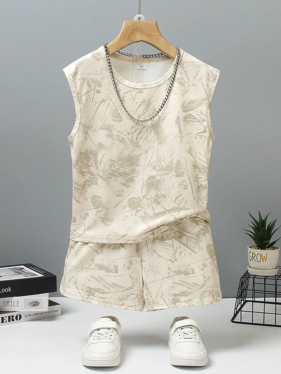 SHEIN Coolqubz 2pcs/Set Boys' Summer New Casual Solid Color Round Neck Vest + Shorts Set, Suitable For Daily, School, Travel - Apricot - View 1