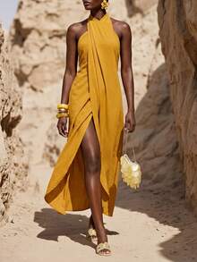 Zivah 2025春季新款音乐节休闲度假芥末黄露背吊带A字连衣裙 - 黃色 - 查看 2