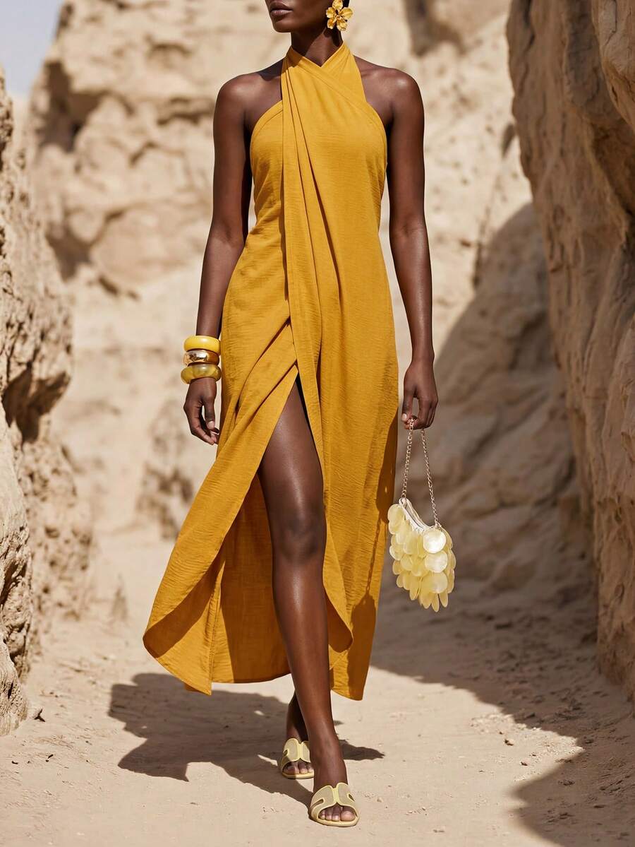 Zivah 2025春季新款音乐节休闲度假芥末黄露背吊带A字连衣裙