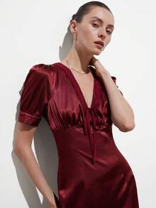 Aveloria Modichic Maxi Dress Satin Acetate Fabric Slim Fit Waist V-Neck Lace Patchwork Ruched Tie-Front Bubble Short Sleeve Elegant Dating Vintage Red Dresses For Women Elegant Dresses For Party Wedding Guest Dress For Women Elegant Party Dresses For Women - Burgundy - View 4
