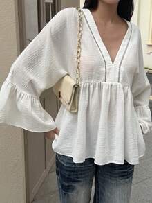 Livesso Elegant All White Autumn Chiffon Shirt For Women,Floral Ruffle Patchwork V-Neck Pullover Long Sleeve Top,Casual Vacation Beach Vacation Cover Up - White - View 2