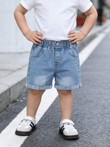 SHEIN Playful Pals 男婴夏季休闲浅蓝色松紧腰单扣装饰牛仔短裤 - 淺色水洗藍 - 查看 4