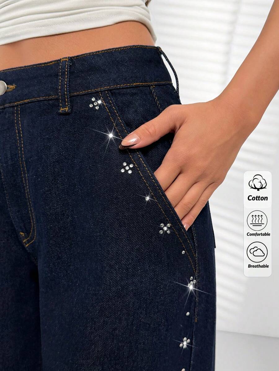 SHEIN High Waist Regular Fit Casual Streetwear Style Navy Blue Raw Wash Rhinestone Detailed Straight Jean Everyday Autumn Night Out - Black - View 1