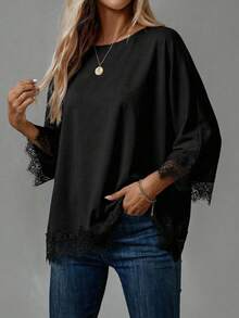 EMERY ROSE 2pcs/Set Women Casual Minimalist Contrast Color Lace Patchwork Loose Basic T-Shirt - Black and White - View 5