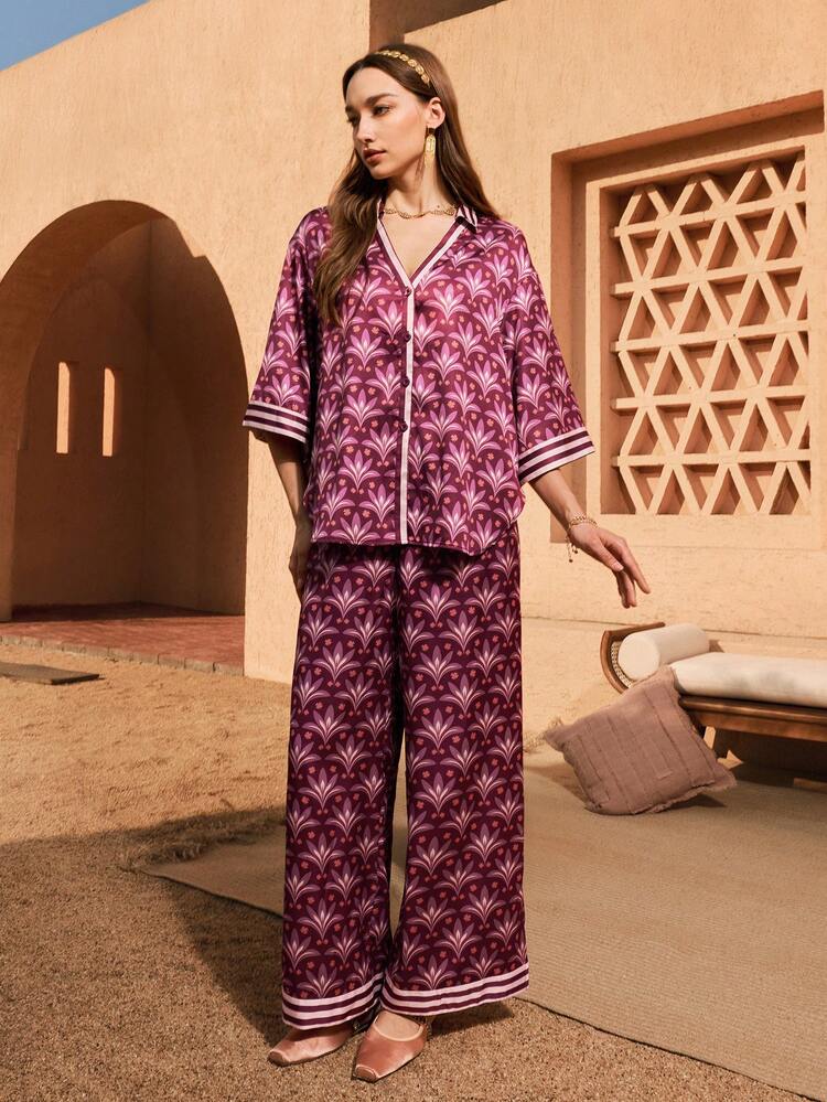 Women's Burgundy Satin Sleep Se