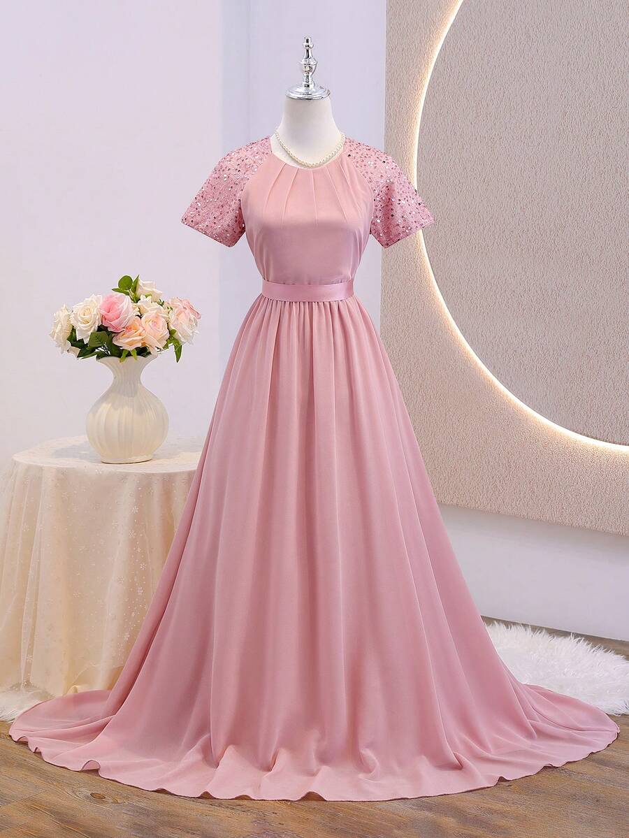 飘逸串珠雪纺圆领收腰长裙，适合婚礼、派对、演出、生日、宴会等各种场合，四季皆宜。 - 粉色 - 查看 1