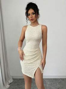 Elenzga Sleeveless Lace Bodycon Elegant Romantic Dress For Women - Apricot - View 6